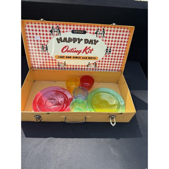 Rare Vintage Gotham Happy Day Outing Kit Metal Tin Just For Girls & Boys
